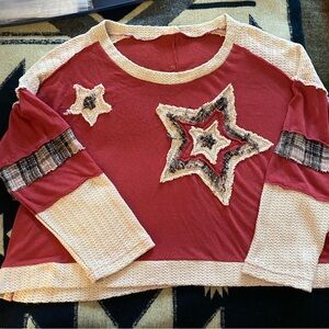 POL Red & Cream Star Patchwork Long Sleeve Top
